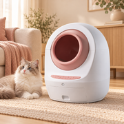Litière autonettoyante connectée CleanBox WiFi rose avec un chat