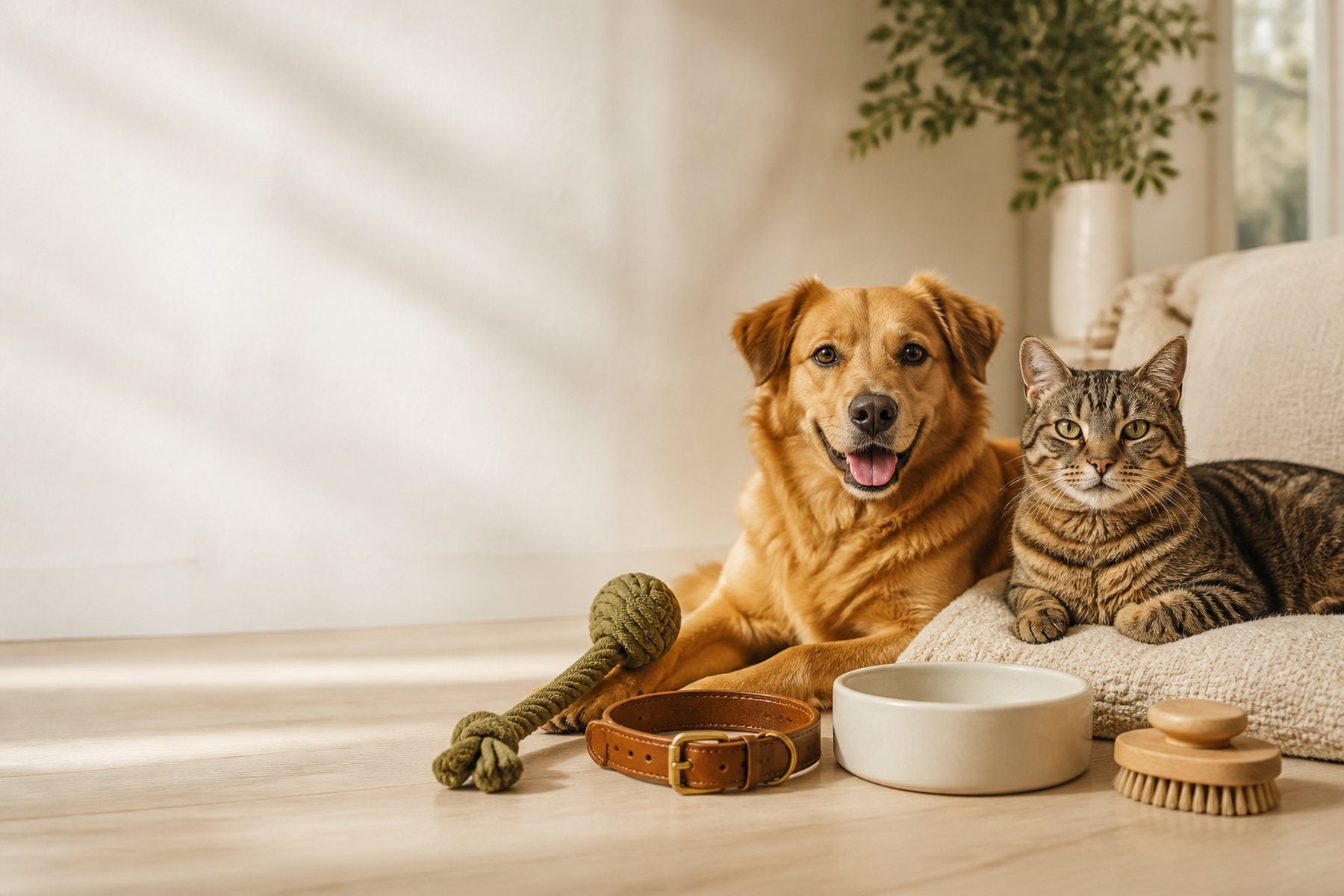 Un chien et un chat entourés d’accessoires PawStars