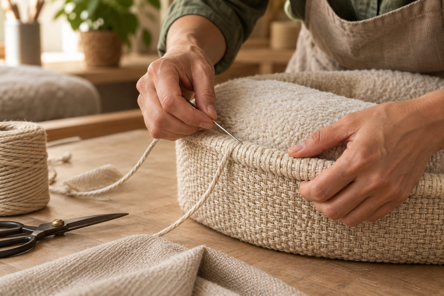 Mains travaillant soigneusement un textile destiné à un accessoire pour animaux